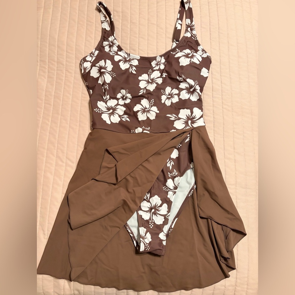 SHEIN Brown Floral One-Piece Swimsuit with Skirt